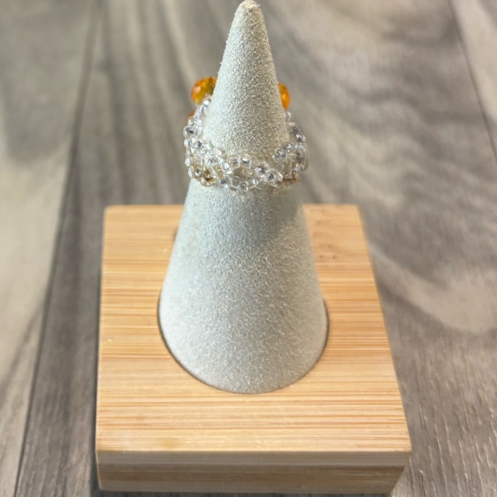 Crystal Beaded Floral Ring with Orange/Yellow and Silver Details! Hand made. - Picture 5 of 5